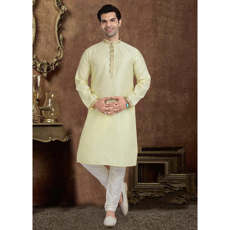 2 Pc Lime Green Dupion Silk Kurta Pajama Set - JD986584900