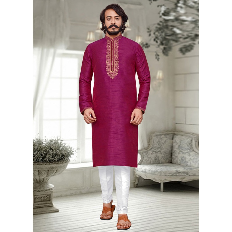 2 Pc Magenta Dupion Silk Kurta Pajama Set - JD986584860