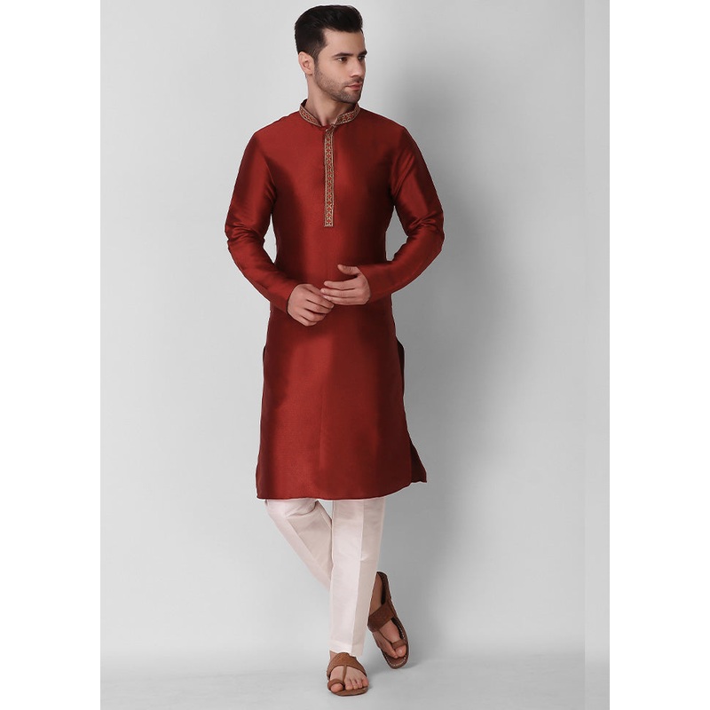 2 Pc Maroon Dupion Silk Kurta Pajama Set - JD986584844