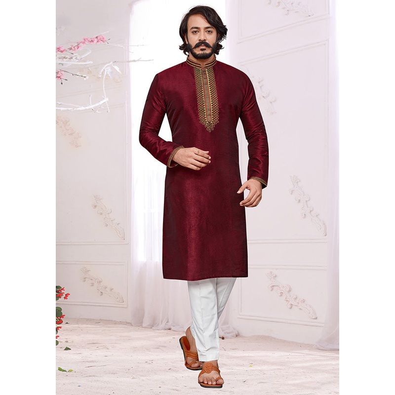 2 Pc Maroon Dupion Silk Kurta Pajama Set - JD986584853