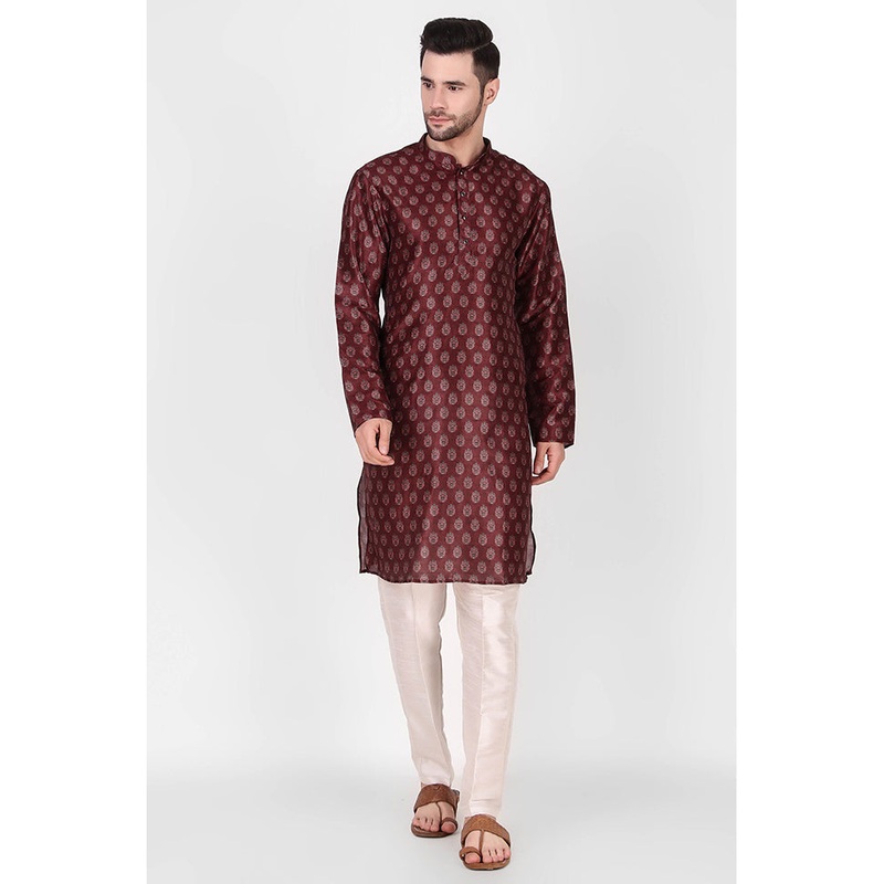 2 Pc Maroon Dupion Silk Kurta Pajama Set - JD986584869