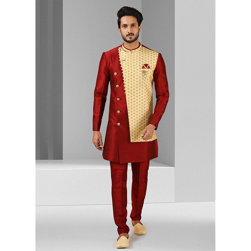 2 Pc Maroon Dupion Silk Kurta Pajama Set - JD986584885