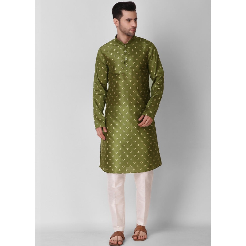 2 Pc Mehendi Dupion Silk Kurta Pajama Set - JD986584839
