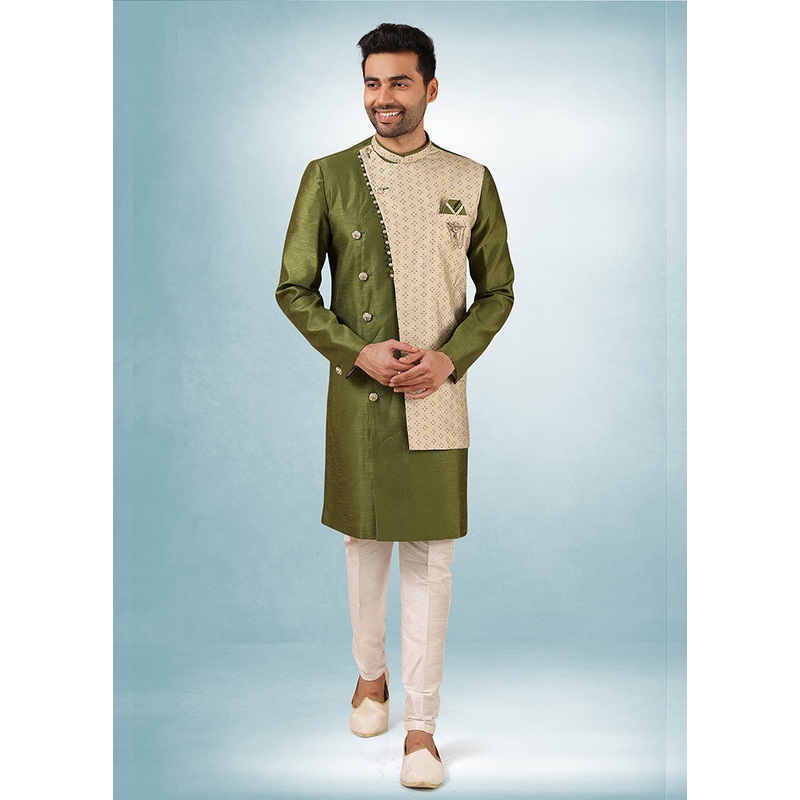 2 Pc Mehendi Dupion Silk Kurta Pajama Set - JD986584884