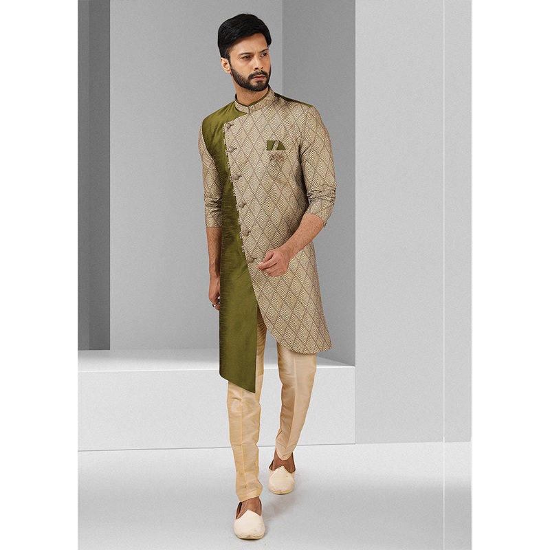 2 Pc Mehendi Dupion Silk Kurta Pajama Set - JD986584893
