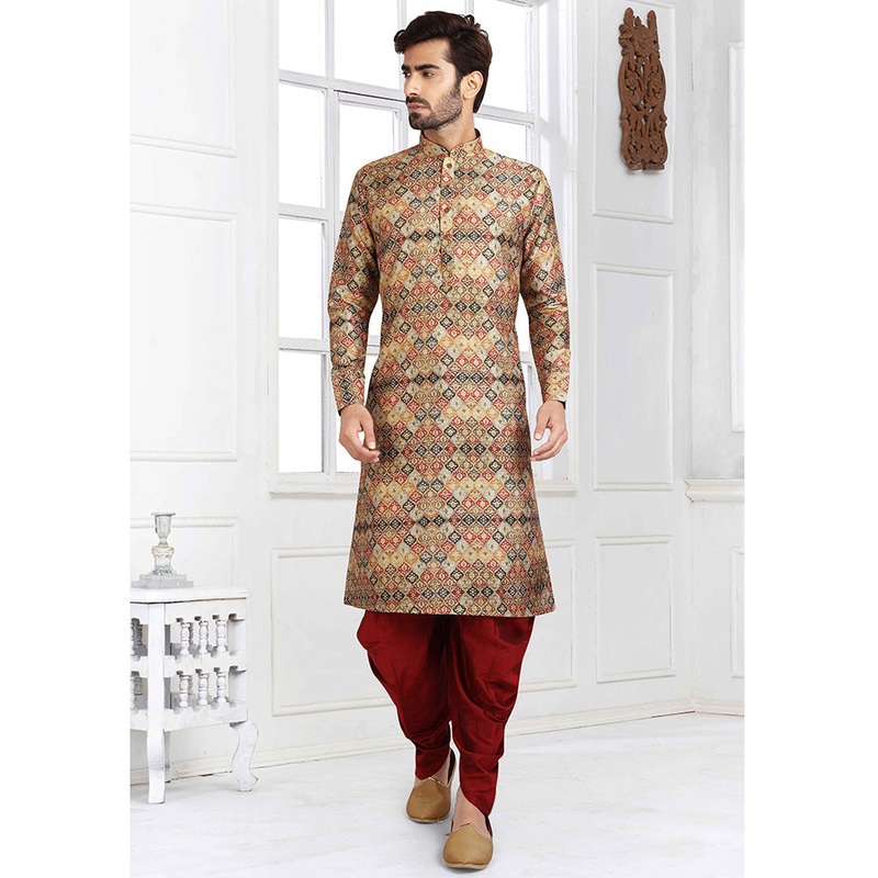 2 Pc Multicolor Dupion Silk Kurta Pajama Set - JD986584898