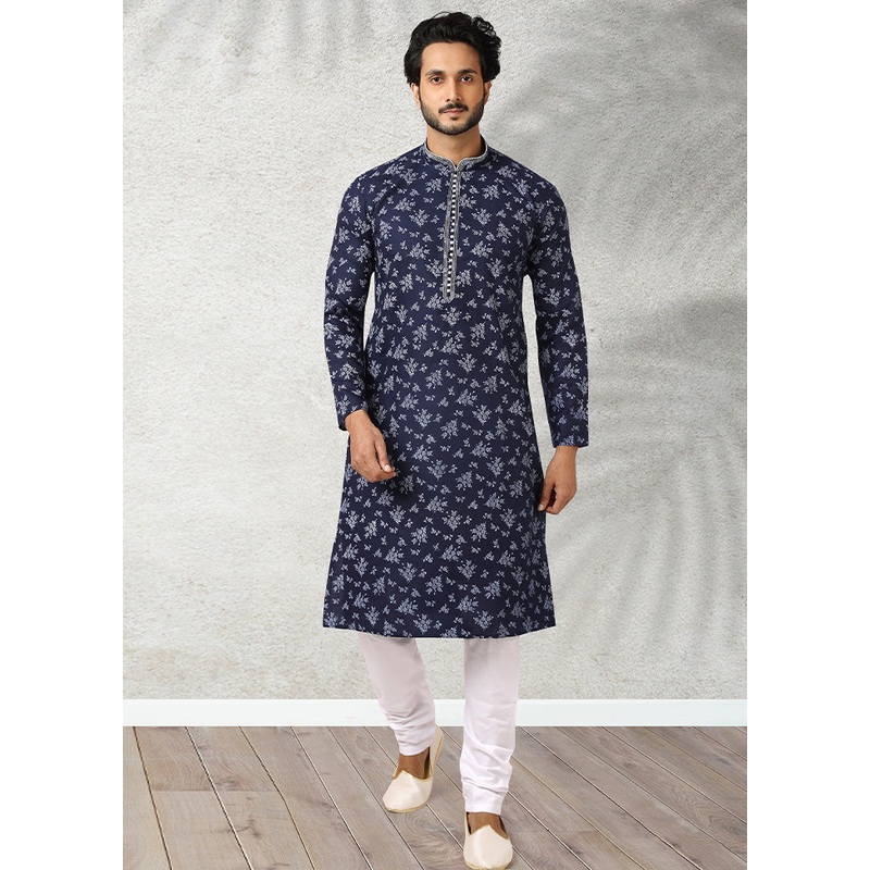 2 Pc Navy Blue Cotton Kurta Pajama Set - JD986584877