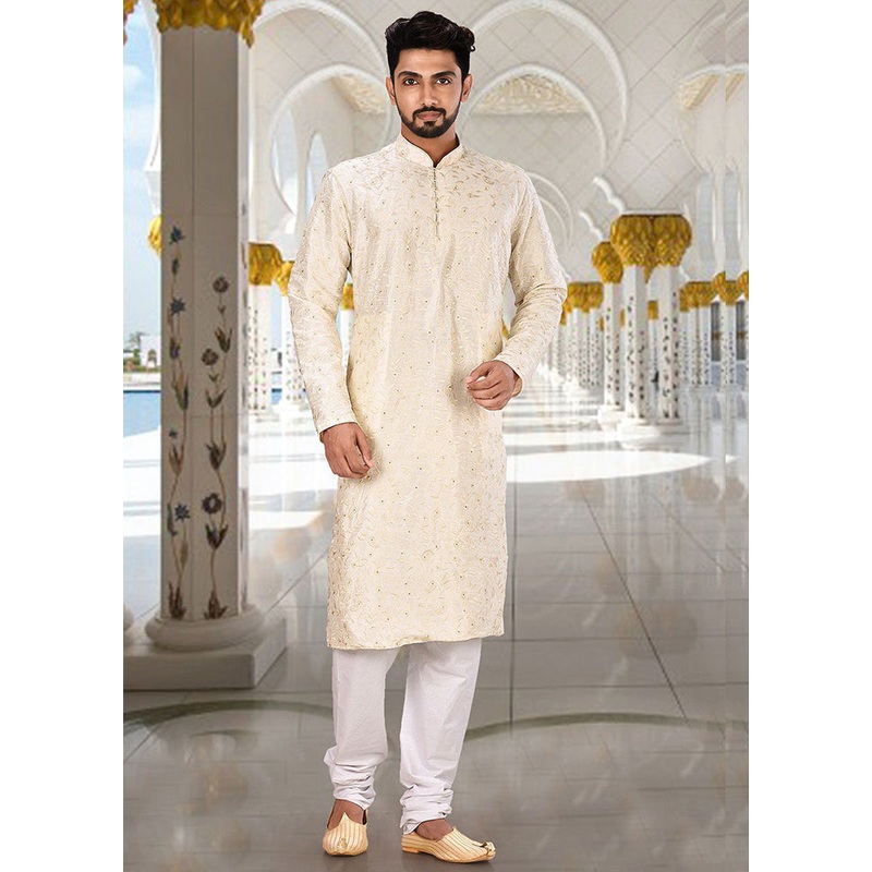2 Pc Off White Silk Kurta And Pajama Set - JD986584914
