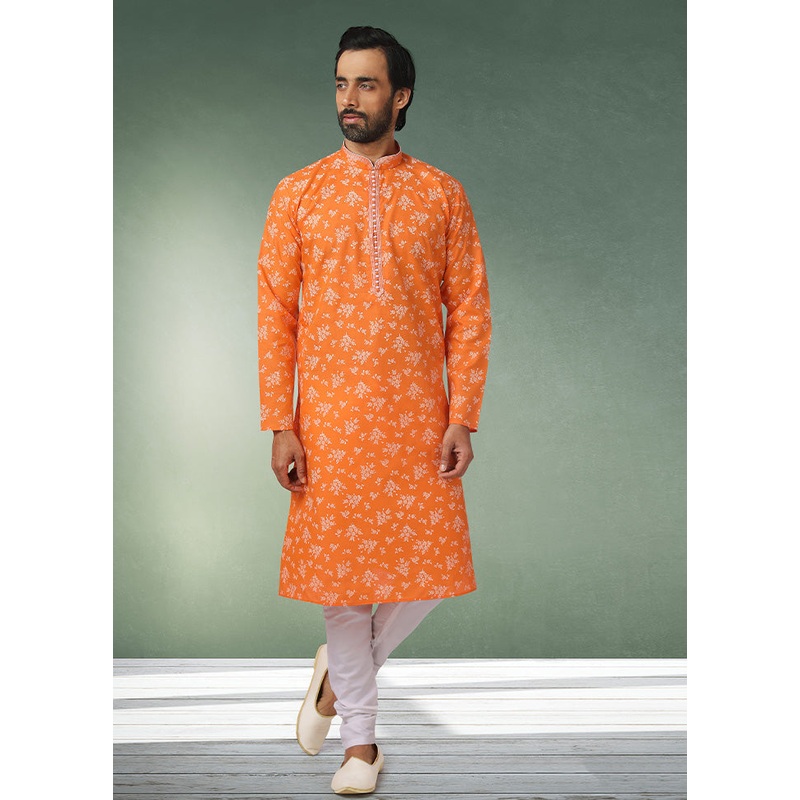 2 Pc Orange Cotton Kurta Pajama Set - JD986584876