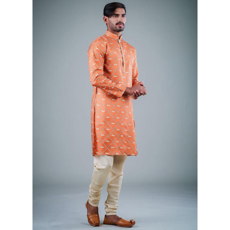 2 Pc Orange Dupion Silk Kurta Pajama Set - JD986584823