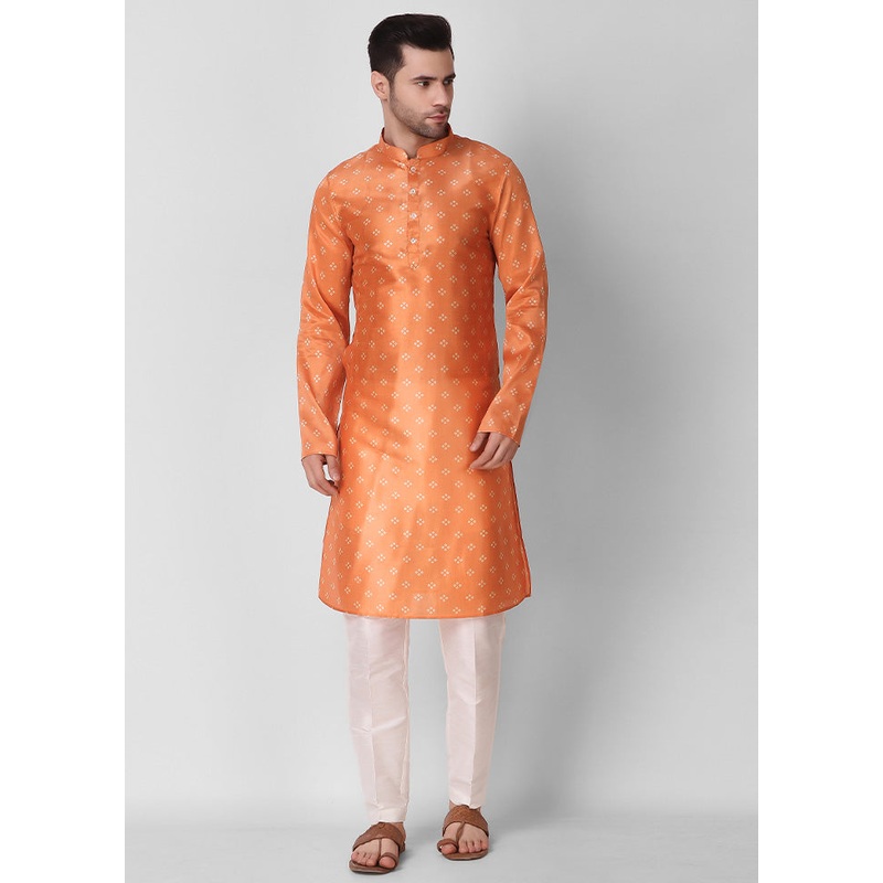 2 Pc Orange Dupion Silk Kurta Pajama Set - JD986584842