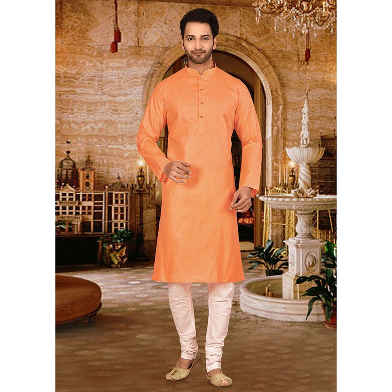 2 Pc Peach Cotton Kurta And Pajama Set - JD986584918