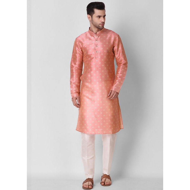 2 Pc Peach Dupion Silk Kurta Pajama Set - JD986584838