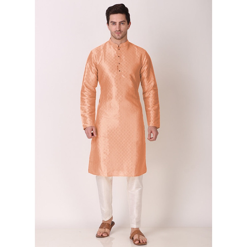 2 Pc Peach Dupion Silk Kurta Pajama Set - JD986584848