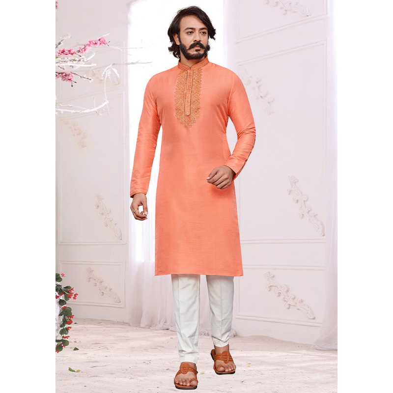 2 Pc Peach Dupion Silk Kurta Pajama Set - JD986584855