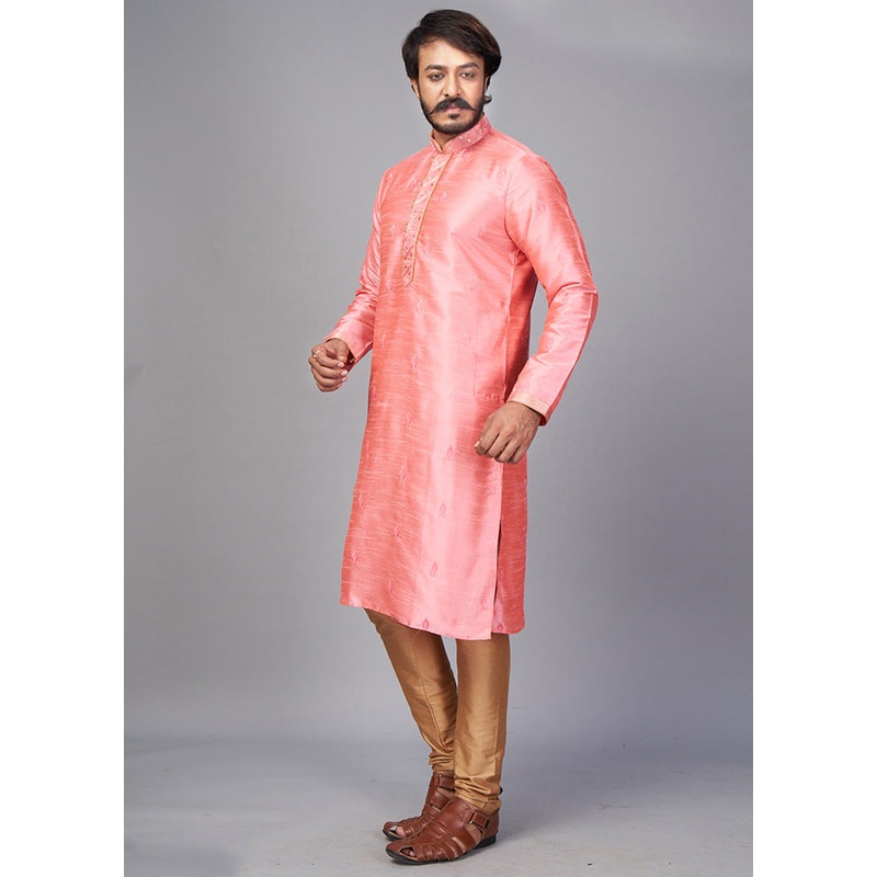2 Pc Peach Dupion Silk Kurta Pajama Set - JD986584866
