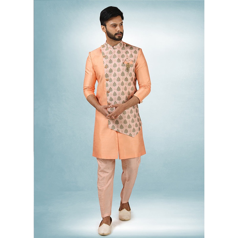 2 Pc Peach Dupion Silk Kurta Pajama Set - JD986584881