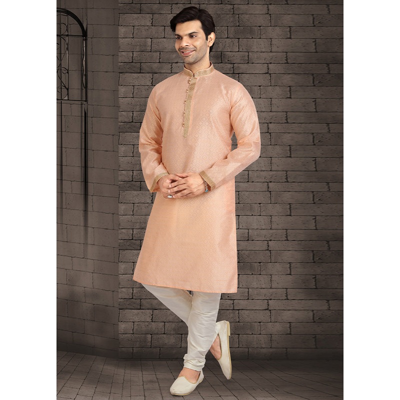 2 Pc Peach Dupion Silk Kurta Pajama Set - JD986584901