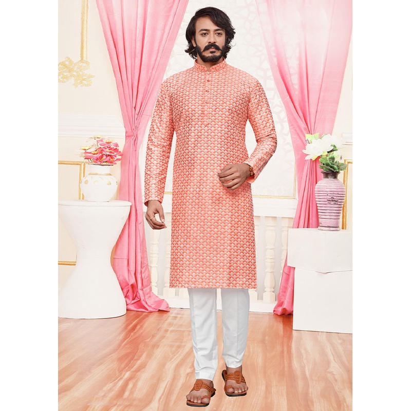 2 Pc Pink Dupion Silk Kurta Pajama Set - JD986584826