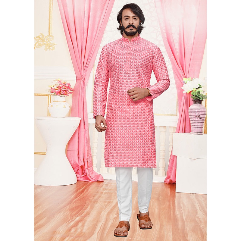 2 Pc Pink Dupion Silk Kurta Pajama Set - JD986584827