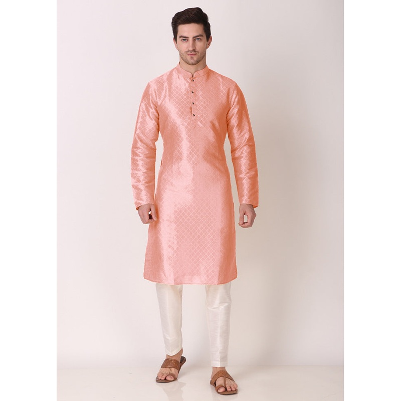 2 Pc Pink Dupion Silk Kurta Pajama Set - JD986584849