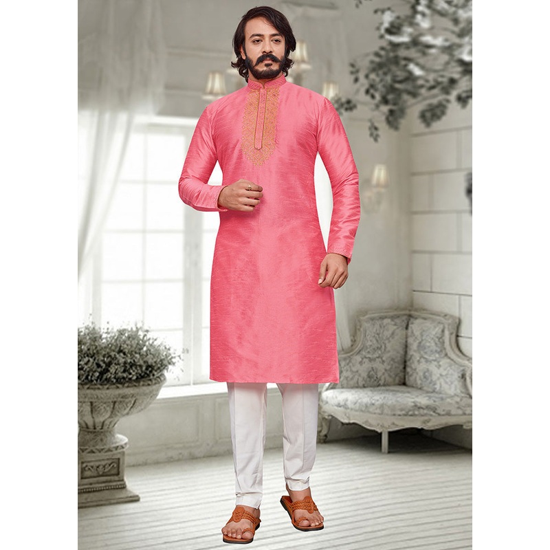 2 Pc Pink Dupion Silk Kurta Pajama Set - JD986584857