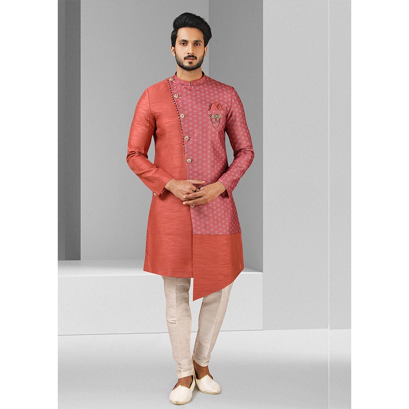 2 Pc Pink Dupion Silk Kurta Pajama Set - JD986584883