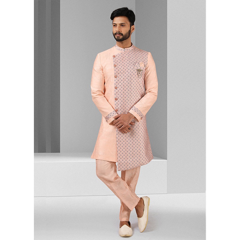 2 Pc Pink Dupion Silk Kurta Pajama Set - JD986584886