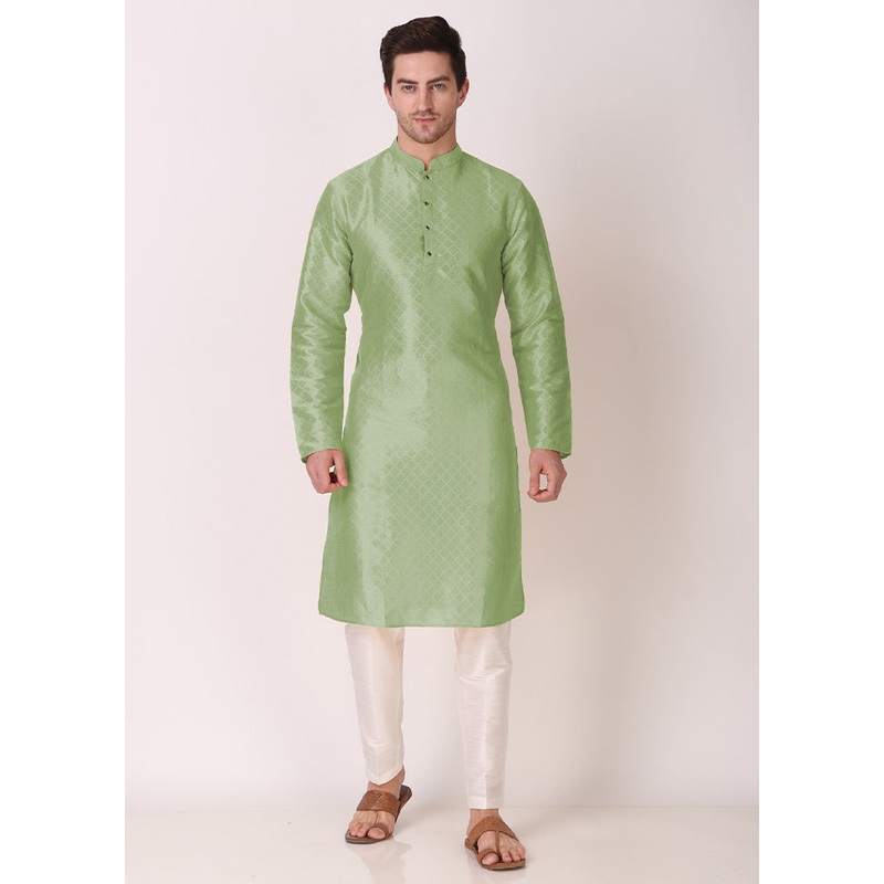 2 Pc Pista Green Dupion Silk Kurta Pajama Set - JD986584847