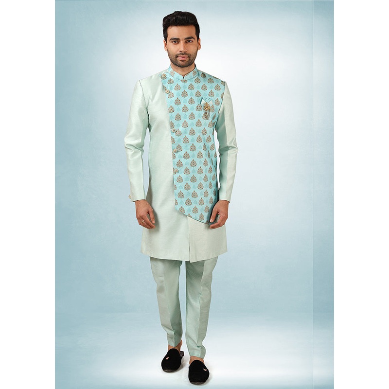 2 Pc Pista Green Dupion Silk Kurta Pajama Set - JD986584882