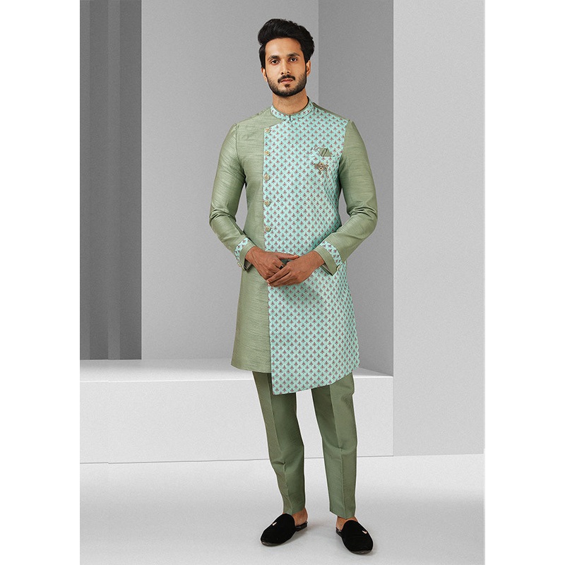 2 Pc Pista Green Dupion Silk Kurta Pajama Set - JD986584889