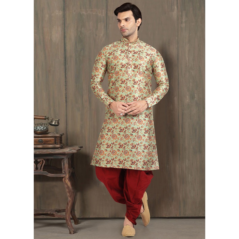 2 Pc Pista Green Dupion Silk Kurta Pajama Set - JD986584897