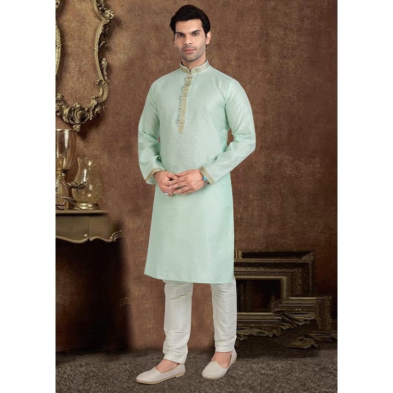 2 Pc Pista Green Dupion Silk Kurta Pajama Set - JD986584902