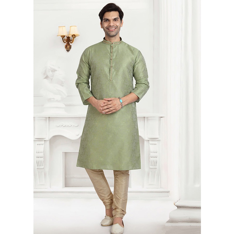 2 Pc Pista Green Dupion Silk Kurta Pajama Set - JD986584906