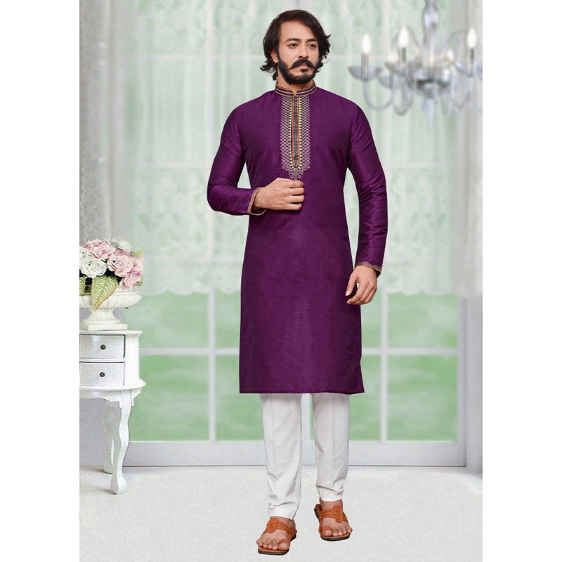 2 Pc Purple Dupion Silk Kurta Pajama Set - JD986584852