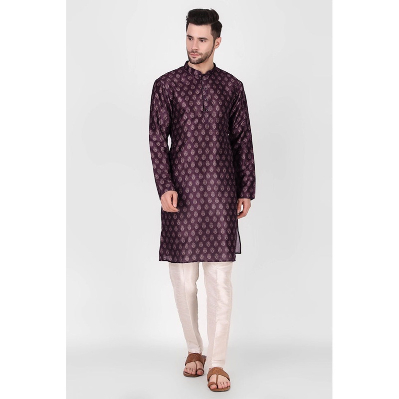 2 Pc Purple Dupion Silk Kurta Pajama Set - JD986584870