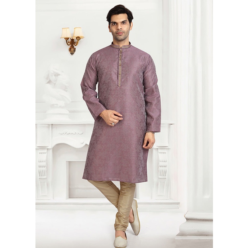 2 Pc Purple Dupion Silk Kurta Pajama Set - JD986584907