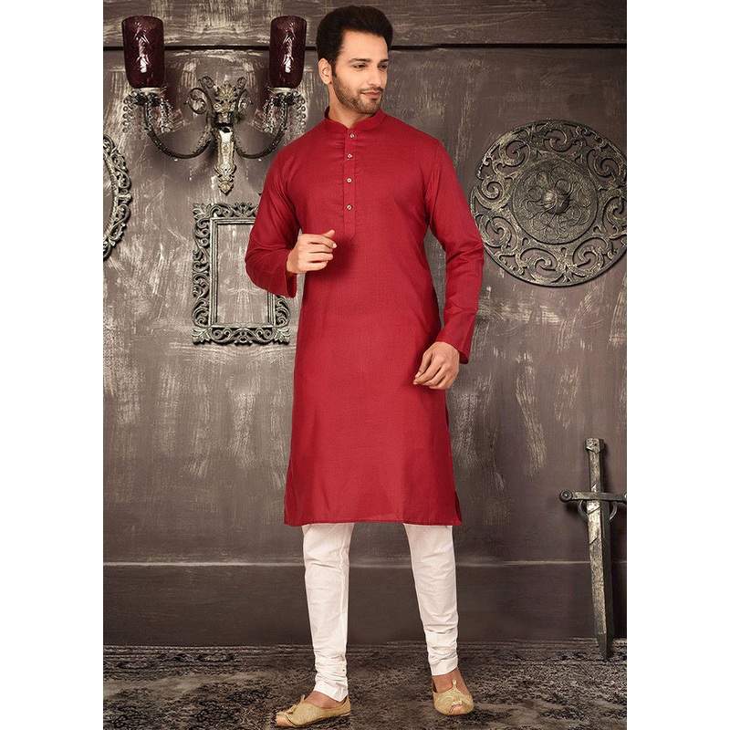 2 Pc Red Cotton Kurta And Pajama Set - JD986584916