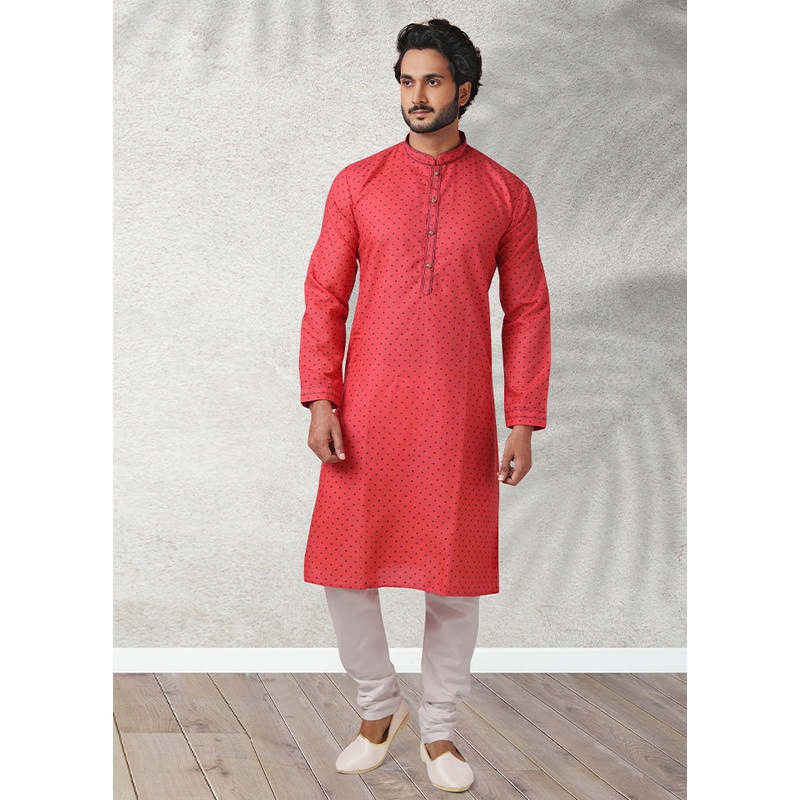 2 Pc Red Cotton Kurta Pajama Set - JD986584874