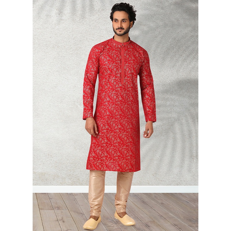 2 Pc Red Cotton Kurta Pajama Set - JD986584879
