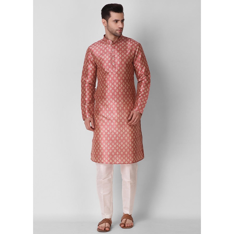 2 Pc Rust Dupion Silk Kurta Pajama Set - JD986584837