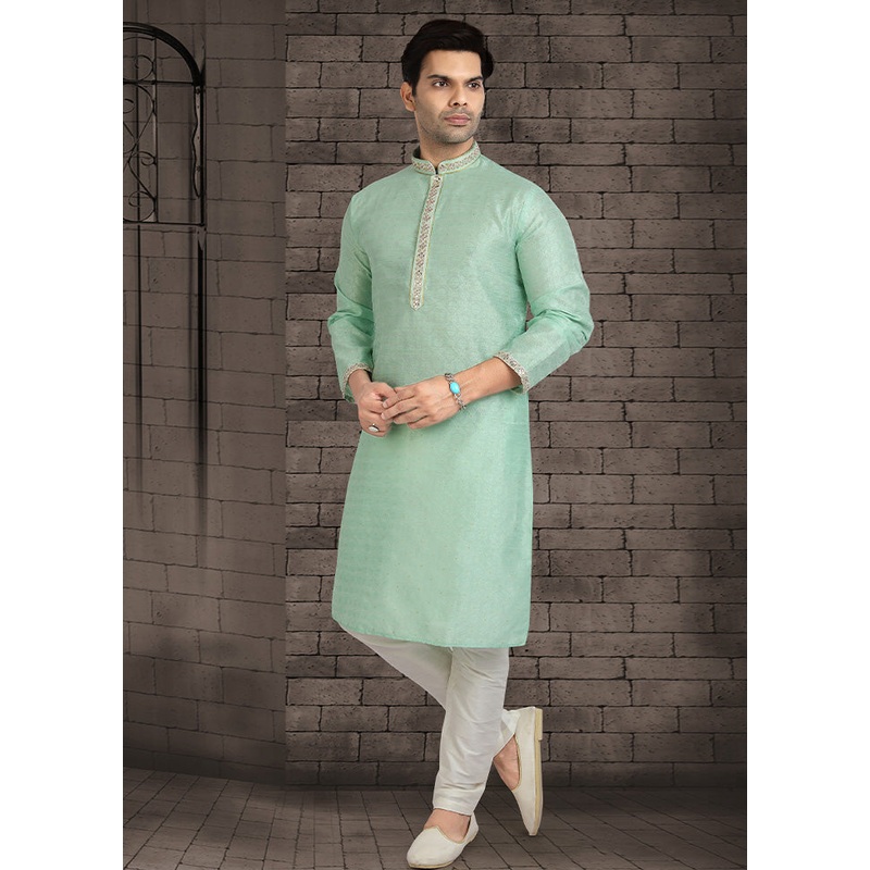 2 Pc Sea Green Dupion Silk Kurta Pajama Set - JD986584905