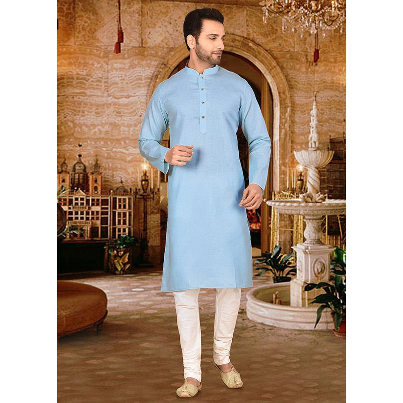 2 Pc Sky Blue Cotton Kurta And Pajama Set - JD986584917