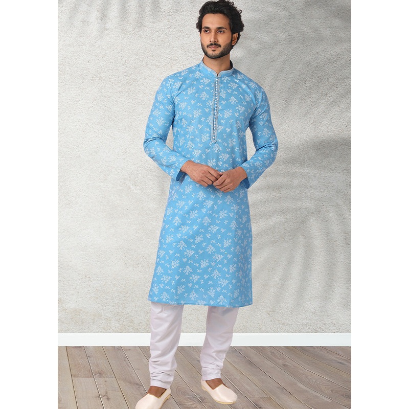 2 Pc Sky Blue Cotton Kurta Pajama Set - JD986584875
