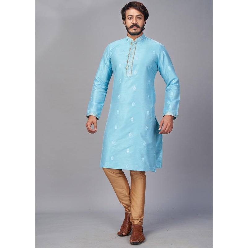 2 Pc Sky Blue Dupion Silk Kurta Pajama Set - JD986584865