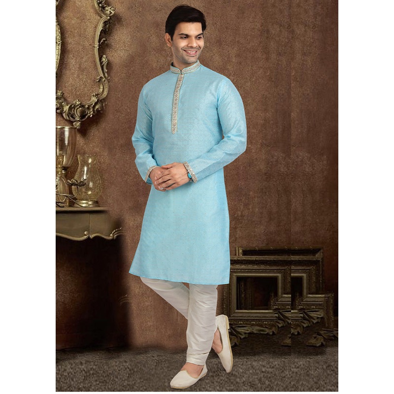 2 Pc Sky Blue Dupion Silk Kurta Pajama Set - JD986584904
