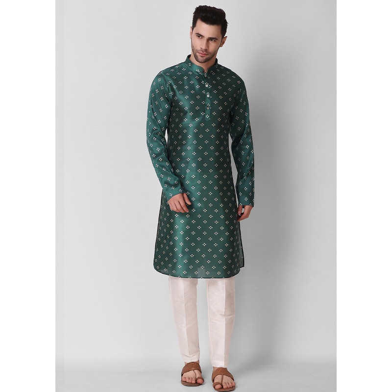 2 Pc Teal Blue Dupion Silk Kurta Pajama Set - JD986584840