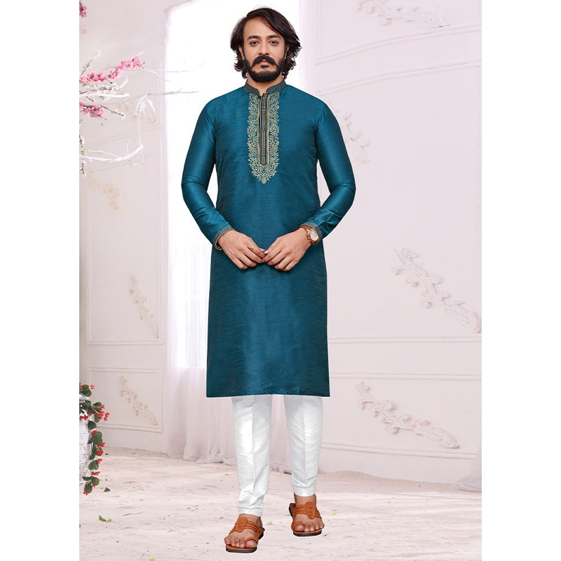 2 Pc Teal Blue Dupion Silk Kurta Pajama Set - JD986584858