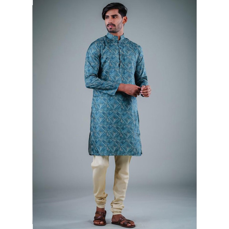 2 Pc Teal Dupion Silk Kurta Pajama Set - JD986584824