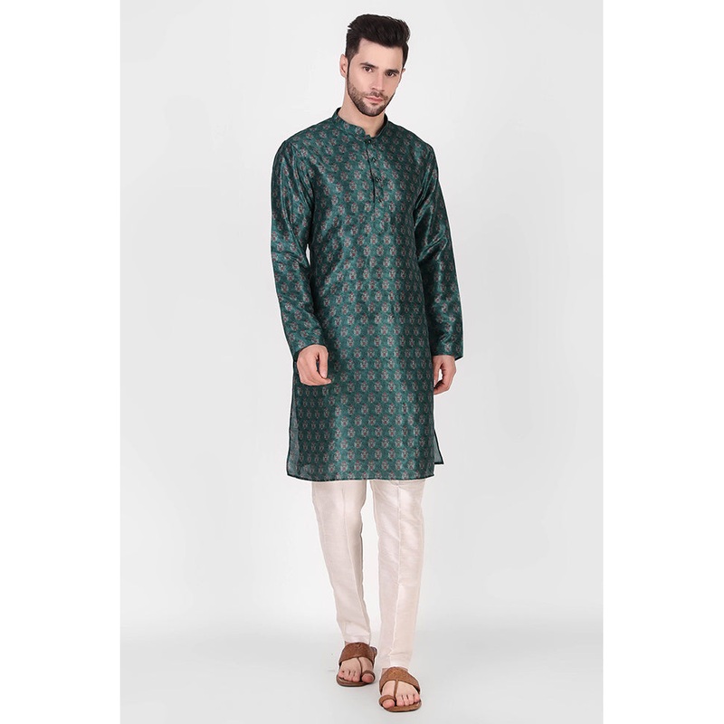 2 Pc Teal Dupion Silk Kurta Pajama Set - JD986584871